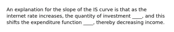 An explanation for the slope of the IS curve is that as the internet rate increases, the quantity of investment ____, and this shifts the expenditure function ____, thereby decreasing income.