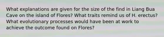 What explanations are given for the size of the find in Liang Bua Cave on the island of Flores? What traits remind us of H. erectus? What evolutionary processes would have been at work to achieve the outcome found on Flores?