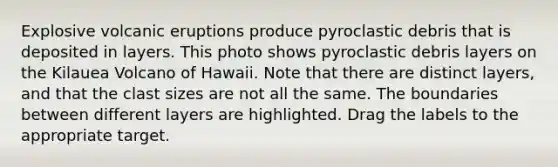 Explosive volcanic eruptions produce pyroclastic debris that is deposited in layers. This photo shows pyroclastic debris layers on the Kilauea Volcano of Hawaii. Note that there are distinct layers, and that the clast sizes are not all the same. The boundaries between different layers are highlighted. Drag the labels to the appropriate target.
