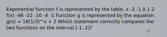 Exponential function f is represented by the table. x -2 -1 0 1 2 f(x) -46 -22 -10 -4 -1 Function g is represented by the equation. g(x) = 18(1/3)^x + 2 Which statement correctly compares the two functions on the interval [-1, 2]?