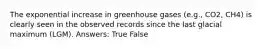 The exponential increase in greenhouse gases (e.g., CO2, CH4) is clearly seen in the observed records since the last glacial maximum (LGM). Answers: True False