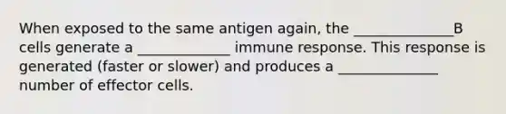 When exposed to the same antigen again, the ______________B cells generate a _____________ immune response. This response is generated (faster or slower) and produces a ______________ number of effector cells.