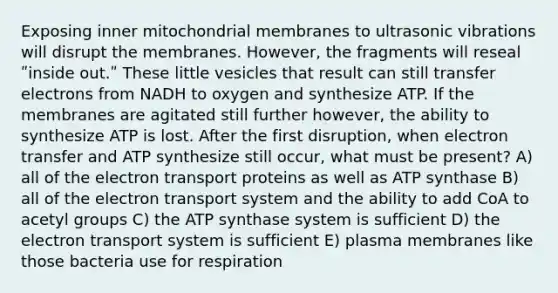 Exposing inner mitochondrial membranes to ultrasonic vibrations will disrupt the membranes. However, the fragments will reseal ʺinside out.ʺ These little vesicles that result can still transfer electrons from NADH to oxygen and synthesize ATP. If the membranes are agitated still further however, the ability to synthesize ATP is lost. After the first disruption, when <a href='https://www.questionai.com/knowledge/kzP6QOcY63-electron-transfer' class='anchor-knowledge'>electron transfer</a> and ATP synthesize still occur, what must be present? A) all of the electron transport proteins as well as ATP synthase B) all of the <a href='https://www.questionai.com/knowledge/kbvjAonm6A-electron-transport-system' class='anchor-knowledge'>electron transport system</a> and the ability to add CoA to acetyl groups C) the ATP synthase system is sufficient D) the electron transport system is sufficient E) plasma membranes like those bacteria use for respiration