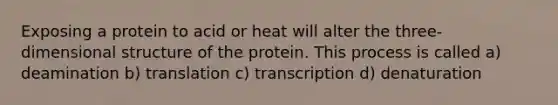 Exposing a protein to acid or heat will alter the three-dimensional structure of the protein. This process is called a) deamination b) translation c) transcription d) denaturation