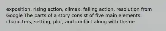 exposition, rising action, climax, falling action, resolution from Google The parts of a story consist of five main elements: characters, setting, plot, and conflict along with theme