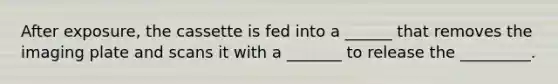 After exposure, the cassette is fed into a ______ that removes the imaging plate and scans it with a _______ to release the _________.