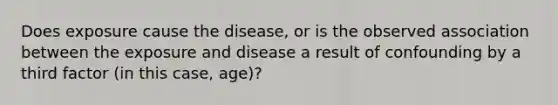 Does exposure cause the disease, or is the observed association between the exposure and disease a result of confounding by a third factor (in this case, age)?