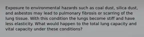 Exposure to environmental hazards such as coal dust, silica dust, and asbestos may lead to pulmonary fibrosis or scarring of the lung tissue. With this condition the lungs become stiff and have less elasticity. What would happen to the total lung capacity and vital capacity under these conditions?