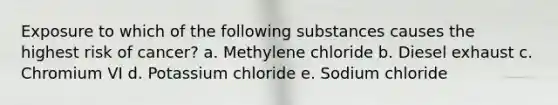 Exposure to which of the following substances causes the highest risk of cancer? a. Methylene chloride b. Diesel exhaust c. Chromium VI d. Potassium chloride e. Sodium chloride