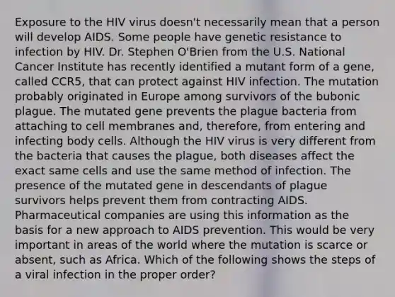 Exposure to the HIV virus doesn't necessarily mean that a person will develop AIDS. Some people have genetic resistance to infection by HIV. Dr. Stephen O'Brien from the U.S. National Cancer Institute has recently identified a mutant form of a gene, called CCR5, that can protect against HIV infection. The mutation probably originated in Europe among survivors of the bubonic plague. The mutated gene prevents the plague bacteria from attaching to cell membranes and, therefore, from entering and infecting body cells. Although the HIV virus is very different from the bacteria that causes the plague, both diseases affect the exact same cells and use the same method of infection. The presence of the mutated gene in descendants of plague survivors helps prevent them from contracting AIDS. Pharmaceutical companies are using this information as the basis for a new approach to AIDS prevention. This would be very important in areas of the world where the mutation is scarce or absent, such as Africa. Which of the following shows the steps of a viral infection in the proper order?