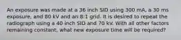 An exposure was made at a 36 inch SID using 300 mA, a 30 ms exposure, and 80 kV and an 8:1 grid. It is desired to repeat the radiograph using a 40 inch SID and 70 kV. With all other factors remaining constant, what new exposure time will be required?