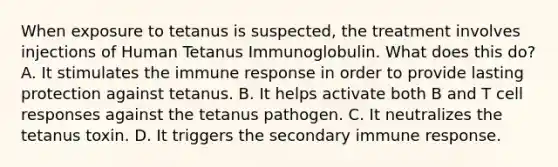 When exposure to tetanus is suspected, the treatment involves injections of Human Tetanus Immunoglobulin. What does this do? A. It stimulates the immune response in order to provide lasting protection against tetanus. B. It helps activate both B and T cell responses against the tetanus pathogen. C. It neutralizes the tetanus toxin. D. It triggers the secondary immune response.