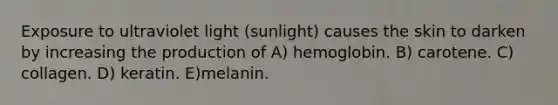 Exposure to ultraviolet light (sunlight) causes the skin to darken by increasing the production of A) hemoglobin. B) carotene. C) collagen. D) keratin. E)melanin.