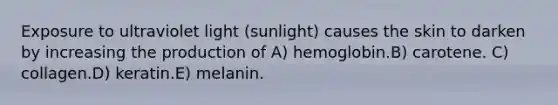 Exposure to ultraviolet light (sunlight) causes the skin to darken by increasing the production of A) hemoglobin.B) carotene. C) collagen.D) keratin.E) melanin.