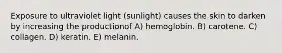 Exposure to ultraviolet light (sunlight) causes the skin to darken by increasing the productionof A) hemoglobin. B) carotene. C) collagen. D) keratin. E) melanin.