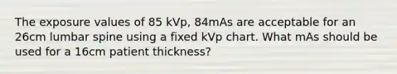 The exposure values of 85 kVp, 84mAs are acceptable for an 26cm lumbar spine using a fixed kVp chart. What mAs should be used for a 16cm patient thickness?