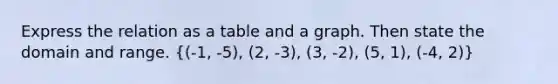 Express the relation as a table and a graph. Then state the domain and range. ((-1, -5), (2, -3), (3, -2), (5, 1), (-4, 2))