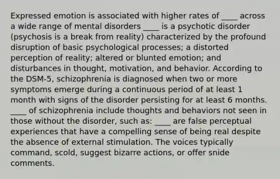 Expressed emotion is associated with higher rates of ____ across a wide range of mental disorders ____ is a psychotic disorder (psychosis is a break from reality) characterized by the profound disruption of basic psychological processes; a distorted perception of reality; altered or blunted emotion; and disturbances in thought, motivation, and behavior. According to the DSM-5, schizophrenia is diagnosed when two or more symptoms emerge during a continuous period of at least 1 month with signs of the disorder persisting for at least 6 months. ____ of schizophrenia include thoughts and behaviors not seen in those without the disorder, such as: ____ are false perceptual experiences that have a compelling sense of being real despite the absence of external stimulation. The voices typically command, scold, suggest bizarre actions, or offer snide comments.