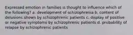 Expressed emotion in families is thought to influence which of the following? a. development of schizophrenia b. content of delusions shown by schizophrenic patients c. display of positive or negative symptoms by schizophrenic patients d. probability of relapse by schizophrenic patients