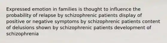 Expressed emotion in families is thought to influence the probability of relapse by schizophrenic patients display of positive or negative symptoms by schizophrenic patients content of delusions shown by schizophrenic patients development of schizophrenia