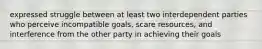 expressed struggle between at least two interdependent parties who perceive incompatible goals, scare resources, and interference from the other party in achieving their goals