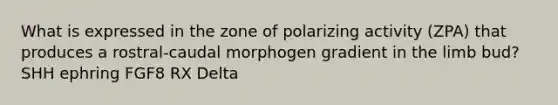 What is expressed in the zone of polarizing activity (ZPA) that produces a rostral-caudal morphogen gradient in the limb bud? SHH ephring FGF8 RX Delta