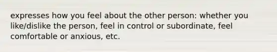 expresses how you feel about the other person: whether you like/dislike the person, feel in control or subordinate, feel comfortable or anxious, etc.