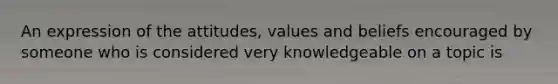 An expression of the attitudes, values and beliefs encouraged by someone who is considered very knowledgeable on a topic is