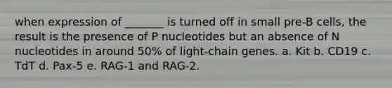 when expression of _______ is turned off in small pre-B cells, the result is the presence of P nucleotides but an absence of N nucleotides in around 50% of light-chain genes. a. Kit b. CD19 c. TdT d. Pax-5 e. RAG-1 and RAG-2.