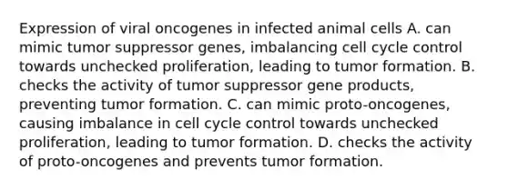 Expression of viral oncogenes in infected animal cells A. can mimic tumor suppressor genes, imbalancing cell cycle control towards unchecked proliferation, leading to tumor formation. B. checks the activity of tumor suppressor gene products, preventing tumor formation. C. can mimic proto-oncogenes, causing imbalance in cell cycle control towards unchecked proliferation, leading to tumor formation. D. checks the activity of proto-oncogenes and prevents tumor formation.