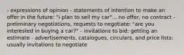 - expressions of opinion - statements of intention to make an offer in the future: "i plan to sell my car"... no offer, no contract - preliminary negotiations, requests to negotiate: "are you interested in buying a car?" - invitations to bid: getting an estimate - advertisements, catalogues, circulars, and price lists: usually invitations to negotiate