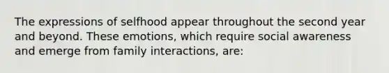 The expressions of selfhood appear throughout the second year and beyond. These emotions, which require social awareness and emerge from family interactions, are: