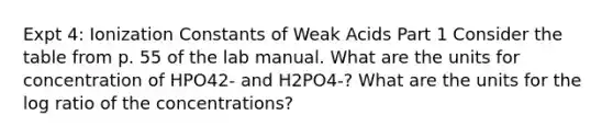 Expt 4: Ionization Constants of Weak Acids Part 1 Consider the table from p. 55 of the lab manual. What are the units for concentration of HPO42- and H2PO4-? What are the units for the log ratio of the concentrations?