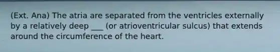 (Ext. Ana) The atria are separated from the ventricles externally by a relatively deep ___ (or atrioventricular sulcus) that extends around the circumference of the heart.