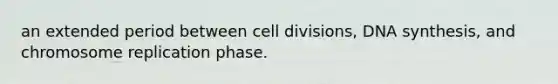 an extended period between cell divisions, DNA synthesis, and chromosome replication phase.