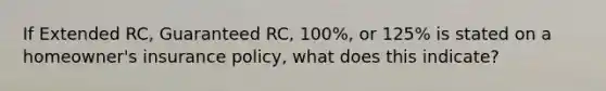 If Extended RC, Guaranteed RC, 100%, or 125% is stated on a homeowner's insurance policy, what does this indicate?