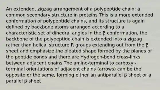 An extended, zigzag arrangement of a polypeptide chain; a common secondary structure in proteins This is a more extended conformation of polypeptide chains, and its structure is again defined by backbone atoms arranged according to a characteristic set of dihedral angles In the β conformation, the backbone of the polypeptide chain is extended into a zigzag rather than helical structure R groups extending out from the β sheet and emphasize the pleated shape formed by the planes of the peptide bonds and there are Hydrogen-bond cross-links between adjacent chains The amino-terminal to carboxyl-terminal orientations of adjacent chains (arrows) can be the opposite or the same, forming either an antiparallel β sheet or a parallel β sheet