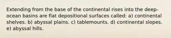 Extending from the base of the continental rises into the deep-ocean basins are flat depositional surfaces called: a) continental shelves. b) abyssal plains. c) tablemounts. d) continental slopes. e) abyssal hills.