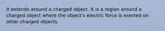 It extends around a charged object. It is a region around a charged object where the object's electric force is exerted on other charged objects.