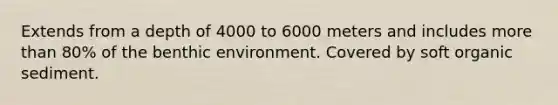 Extends from a depth of 4000 to 6000 meters and includes more than 80% of the benthic environment. Covered by soft organic sediment.