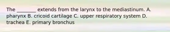 The ________ extends from the larynx to the mediastinum. A. pharynx B. cricoid cartilage C. upper respiratory system D. trachea E. primary bronchus