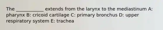 The ____________ extends from the larynx to the mediastinum A: pharynx B: cricoid cartilage C: primary bronchus D: upper respiratory system E: trachea