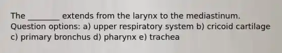 The ________ extends from the larynx to the mediastinum. Question options: a) upper respiratory system b) cricoid cartilage c) primary bronchus d) pharynx e) trachea