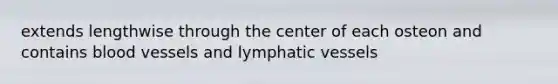 extends lengthwise through the center of each osteon and contains blood vessels and lymphatic vessels