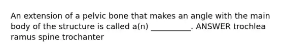 An extension of a pelvic bone that makes an angle with the main body of the structure is called a(n) __________. ANSWER trochlea ramus spine trochanter