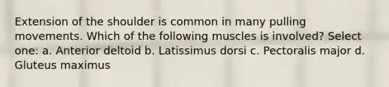 Extension of the shoulder is common in many pulling movements. Which of the following muscles is involved? Select one: a. Anterior deltoid b. Latissimus dorsi c. Pectoralis major d. Gluteus maximus