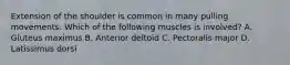 Extension of the shoulder is common in many pulling movements. Which of the following muscles is involved? A. Gluteus maximus B. Anterior deltoid C. Pectoralis major D. Latissimus dorsi