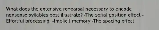 What does the extensive rehearsal necessary to encode nonsense syllables best illustrate? -The serial position effect -Effortful processing. -Implicit memory -The spacing effect