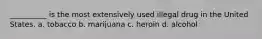 __________ is the most extensively used illegal drug in the United States.​ a. tobacco b. marijuana c. heroin d. alcohol