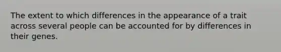 The extent to which differences in the appearance of a trait across several people can be accounted for by differences in their genes.